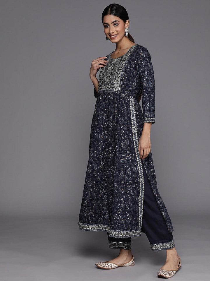 Navy Blue Yoke Design Rayon A-Line Suit Set With Trousers