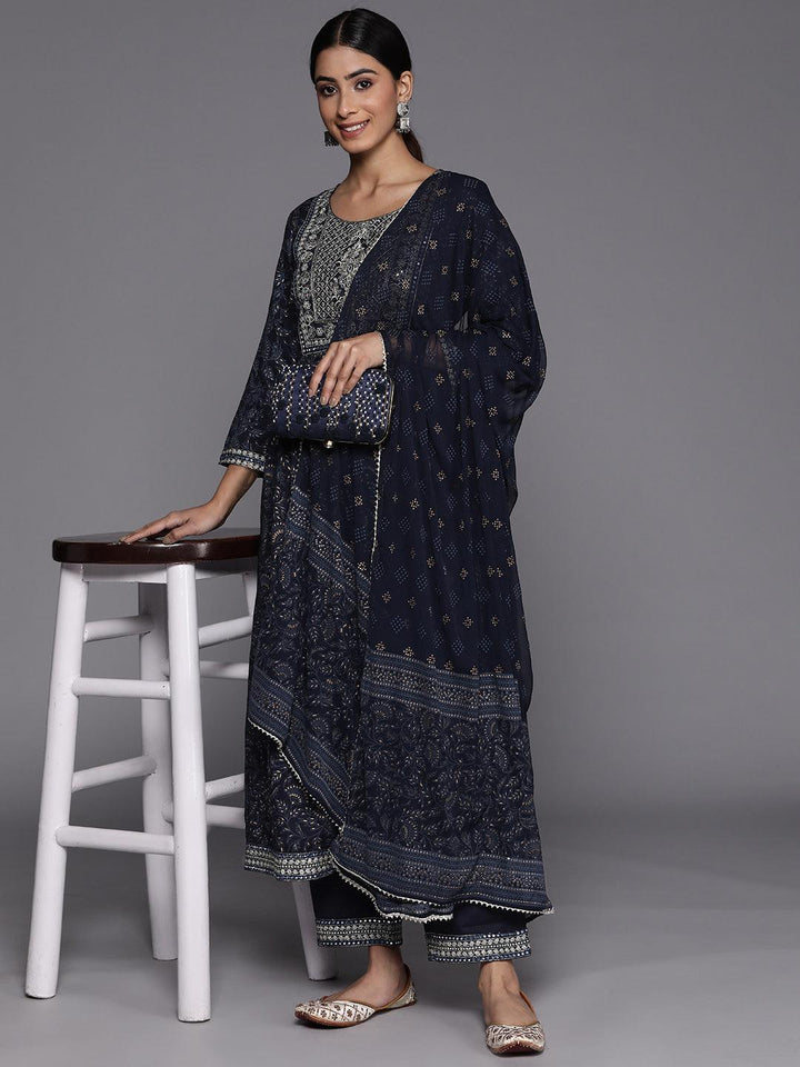 Navy Blue Yoke Design Rayon A-Line Suit Set With Trousers