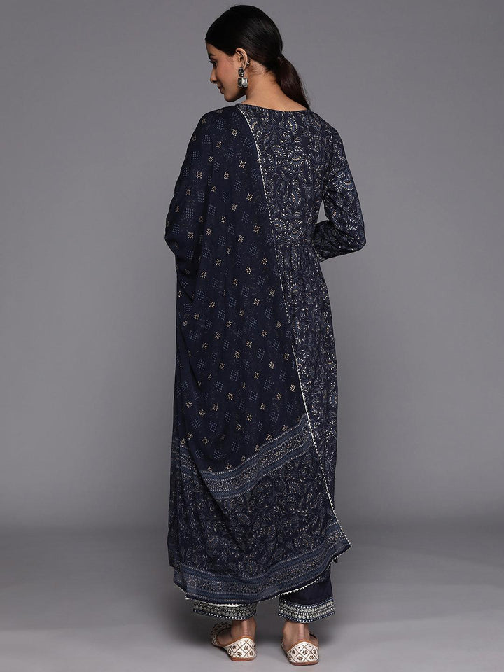 Navy Blue Yoke Design Rayon A-Line Suit Set With Trousers