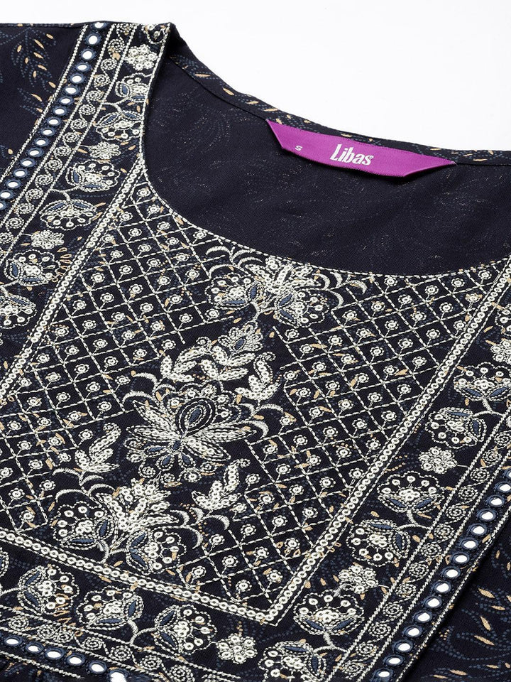 Navy Blue Yoke Design Rayon A-Line Suit Set With Trousers