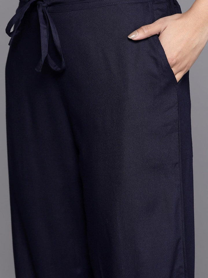 Navy Blue Yoke Design Rayon A-Line Suit Set With Trousers