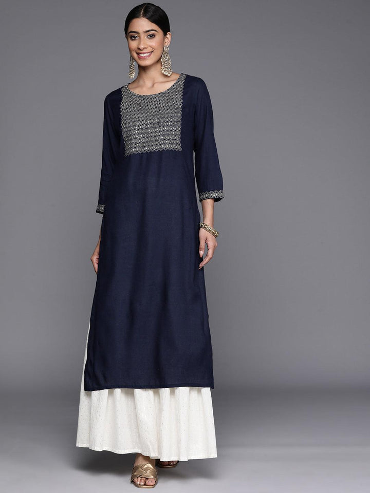 Navy Blue Yoke Design Rayon Straight Kurta