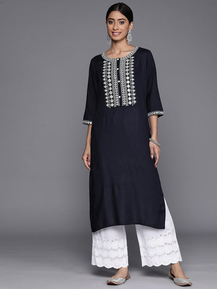 Navy Blue Yoke Design Rayon Straight Kurta