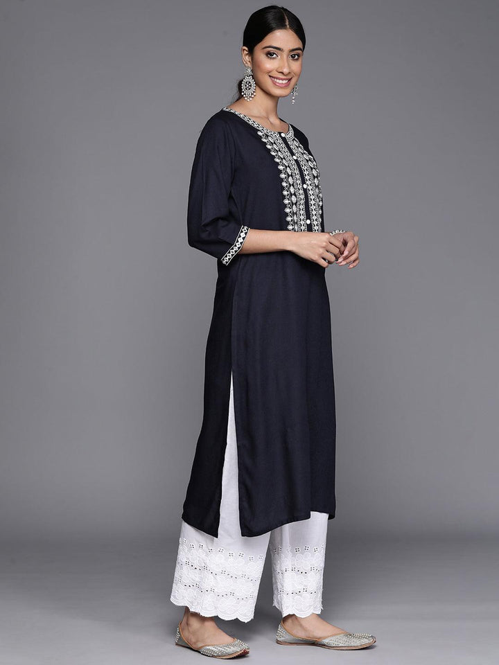 Navy Blue Yoke Design Rayon Straight Kurta