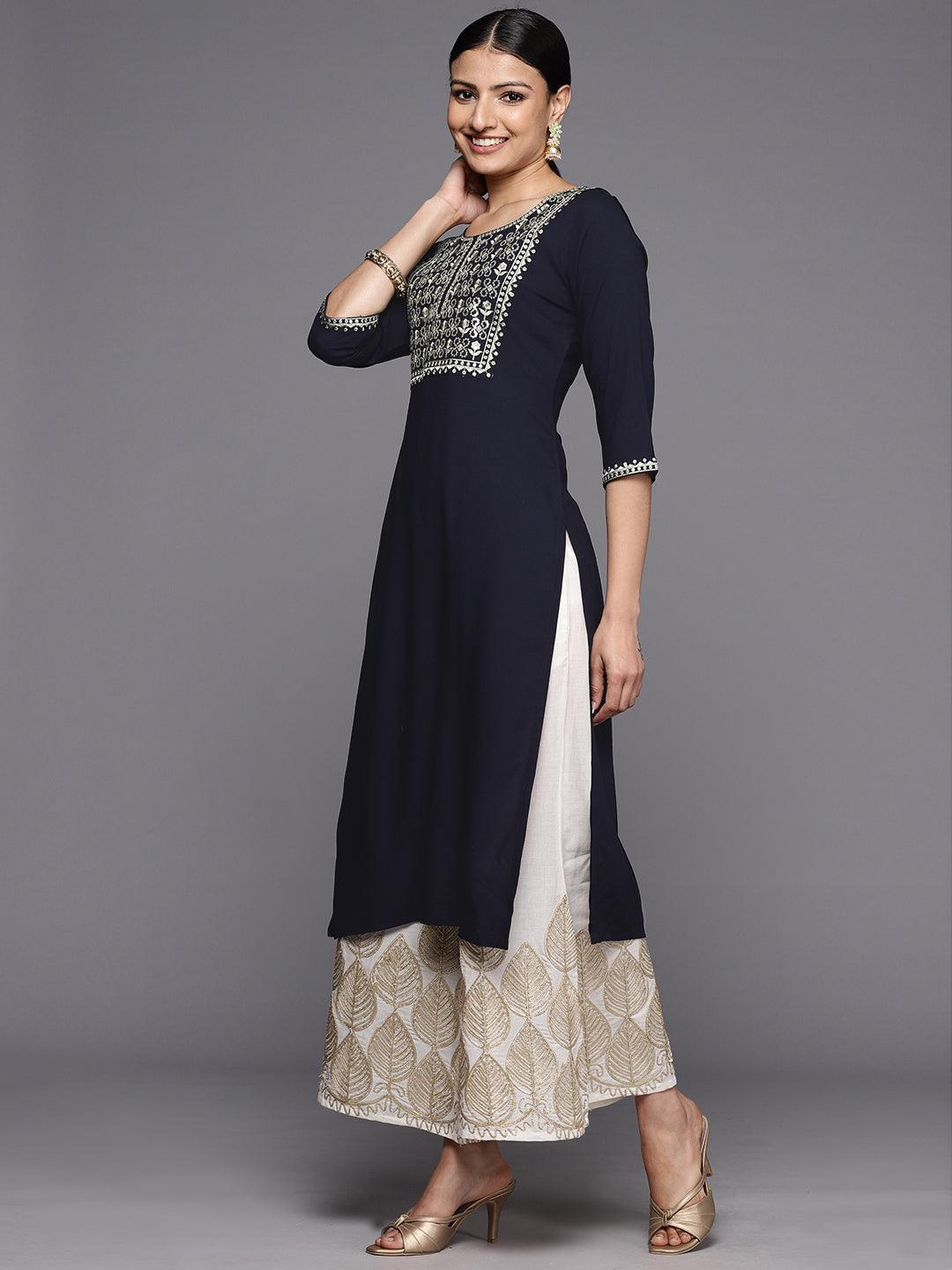 Navy Blue Printed Rayon Straight Kurta - ShopLibas