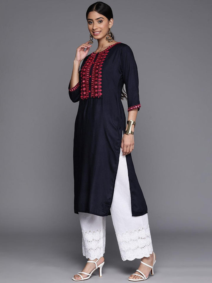 Navy Blue Yoke Design Rayon Straight Kurta