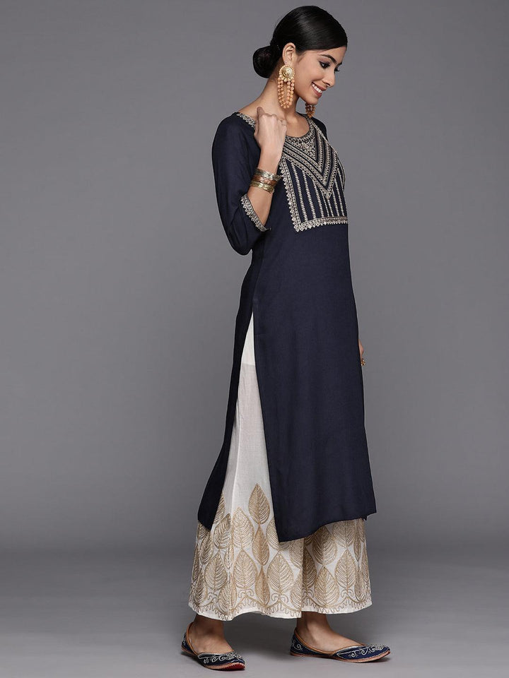 Navy Blue Yoke Design Rayon Straight Kurta