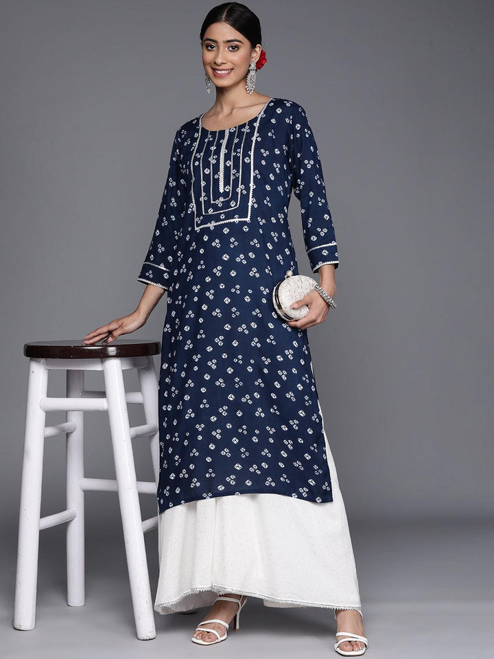 Navy Blue Yoke Design Rayon Straight Kurta