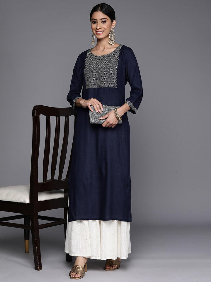 Navy Blue Yoke Design Rayon Straight Kurta