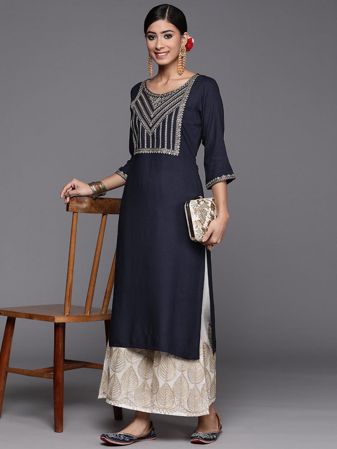 Navy Blue Yoke Design Rayon Straight Kurta - ShopLibas