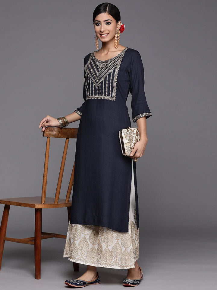 Navy Blue Yoke Design Rayon Straight Kurta