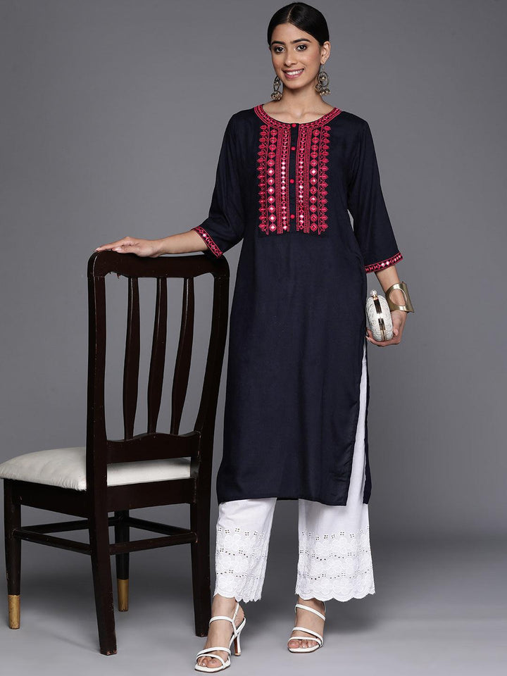 Navy Blue Yoke Design Rayon Straight Kurta