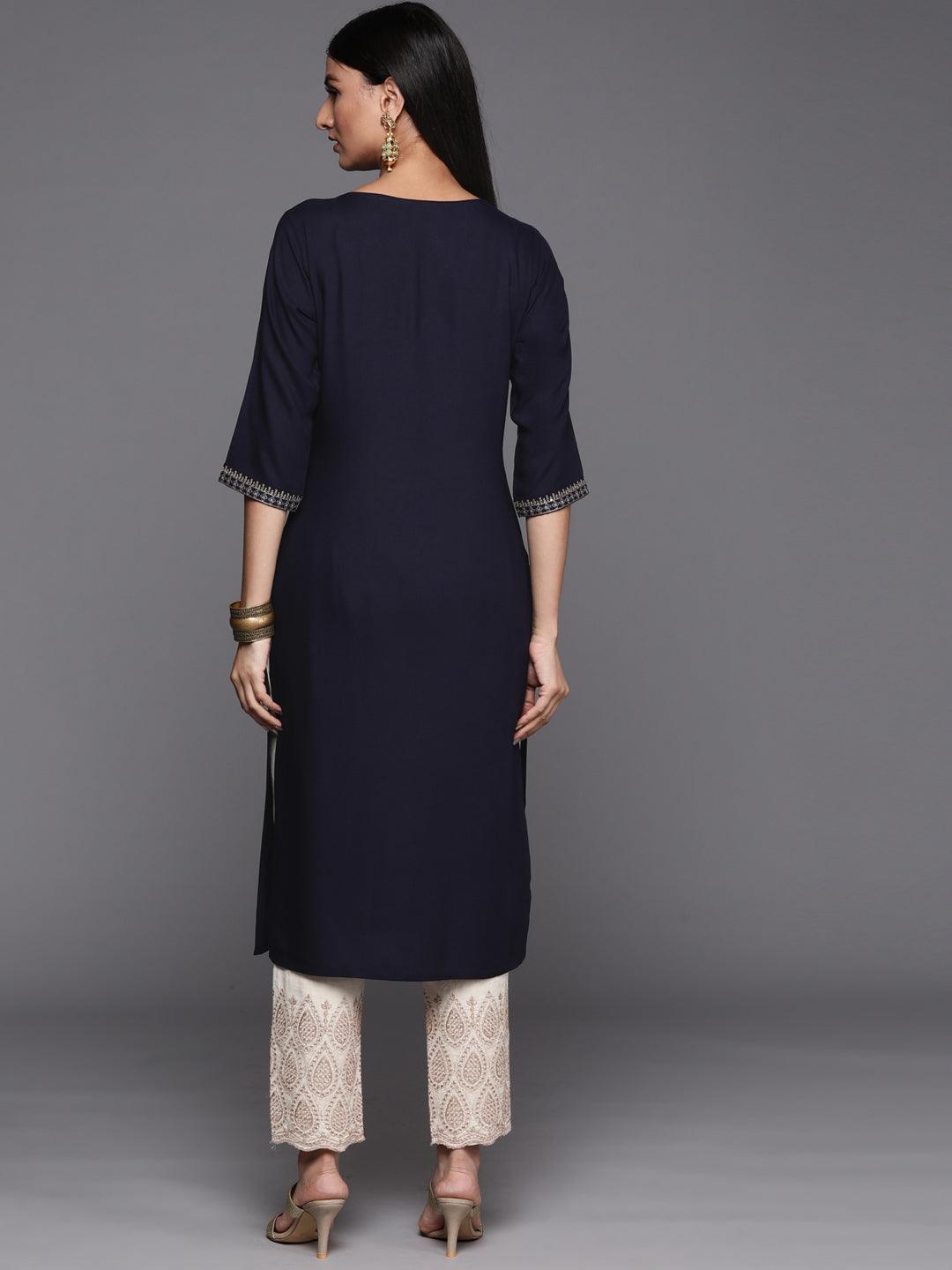 Navy Blue Yoke Design Rayon Straight Kurta - ShopLibas