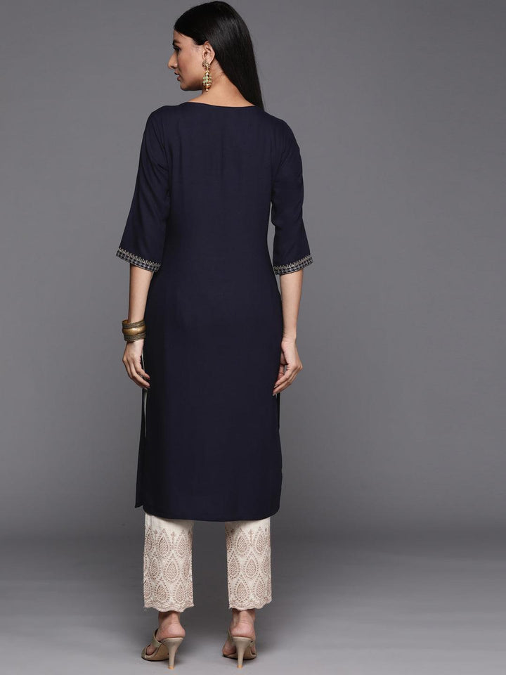 Navy Blue Yoke Design Rayon Straight Kurta