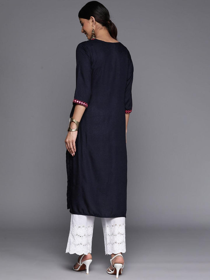 Navy Blue Yoke Design Rayon Straight Kurta