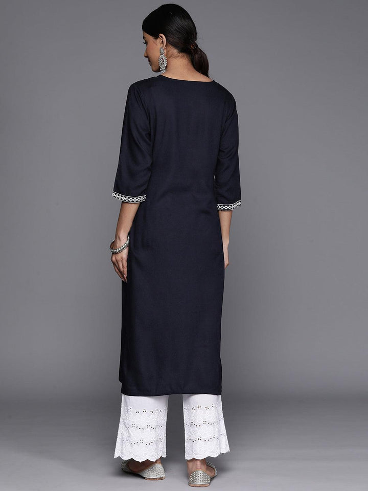 Navy Blue Yoke Design Rayon Straight Kurta