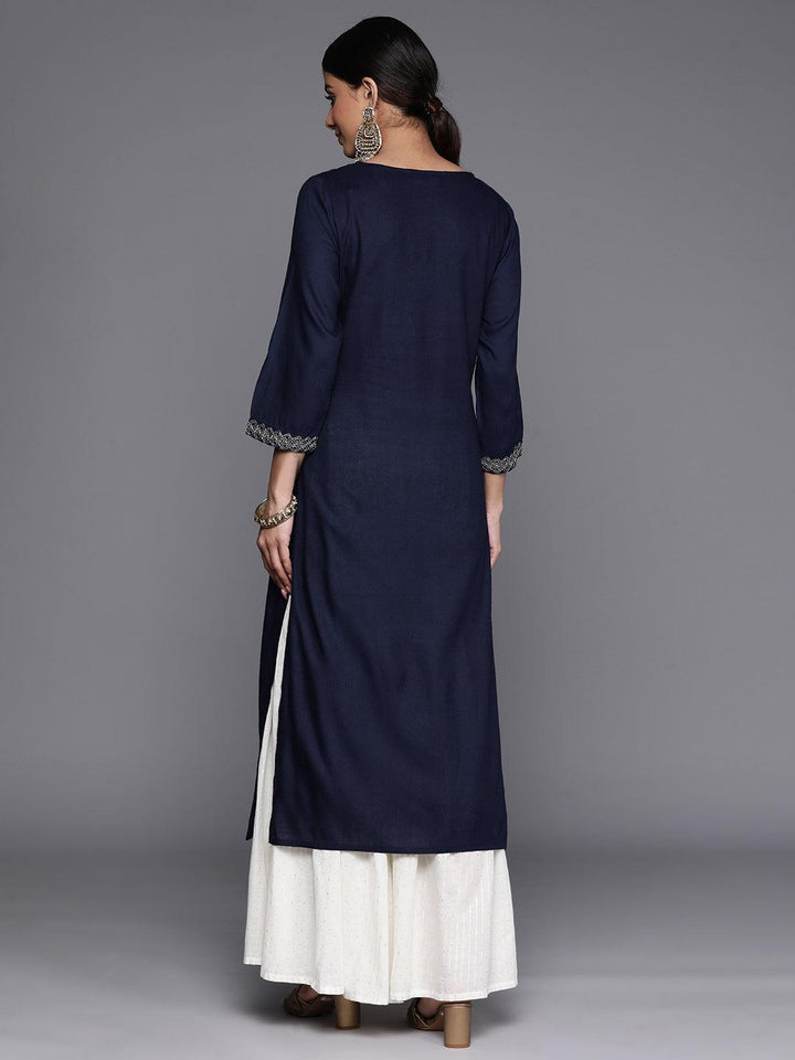 Navy Blue Yoke Design Rayon Straight Kurta