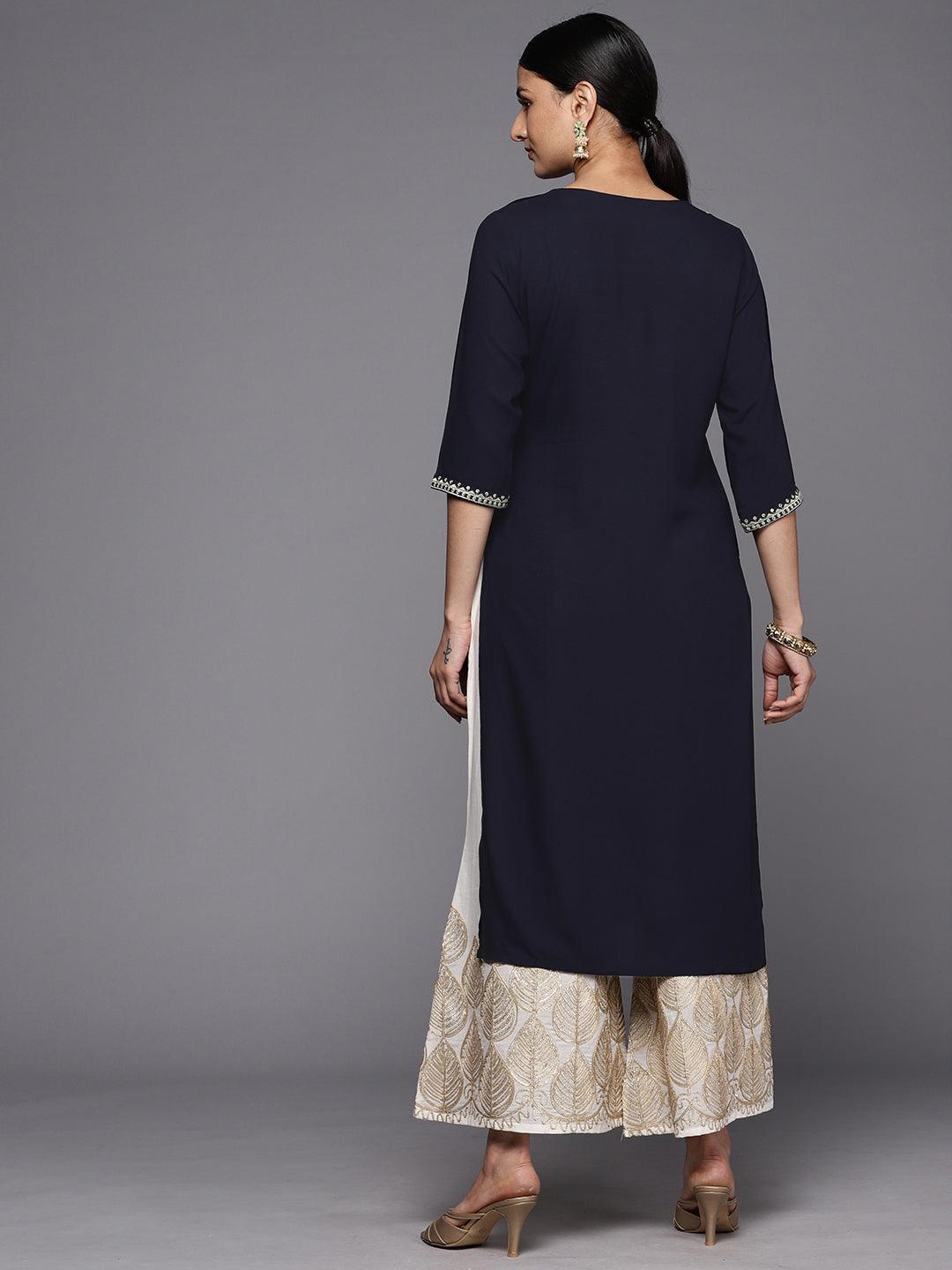Navy Blue Printed Rayon Straight Kurta - ShopLibas