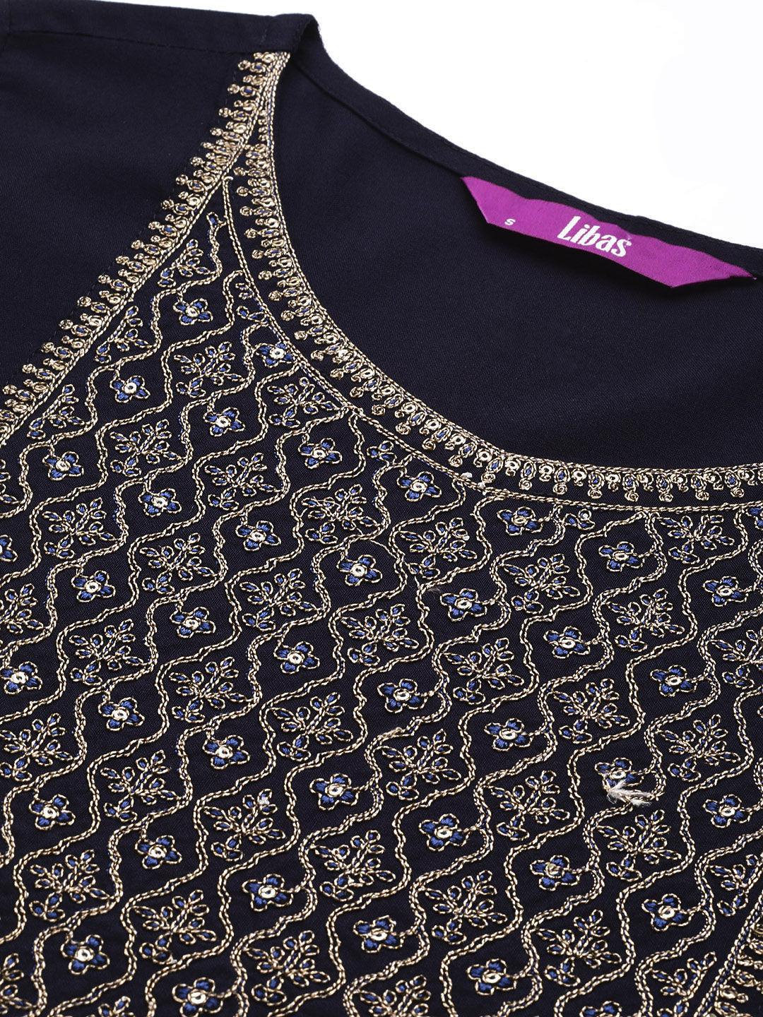 Navy Blue Yoke Design Rayon Straight Kurta - ShopLibas