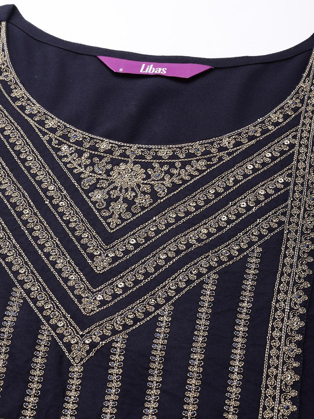 Navy Blue Yoke Design Rayon Straight Kurta - ShopLibas