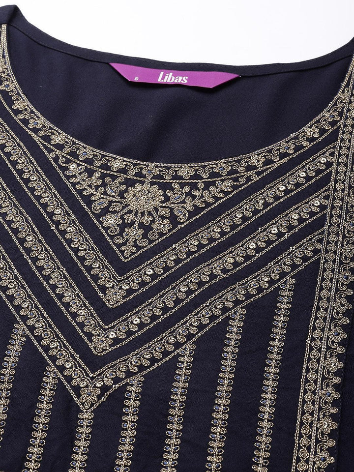 Navy Blue Yoke Design Rayon Straight Kurta