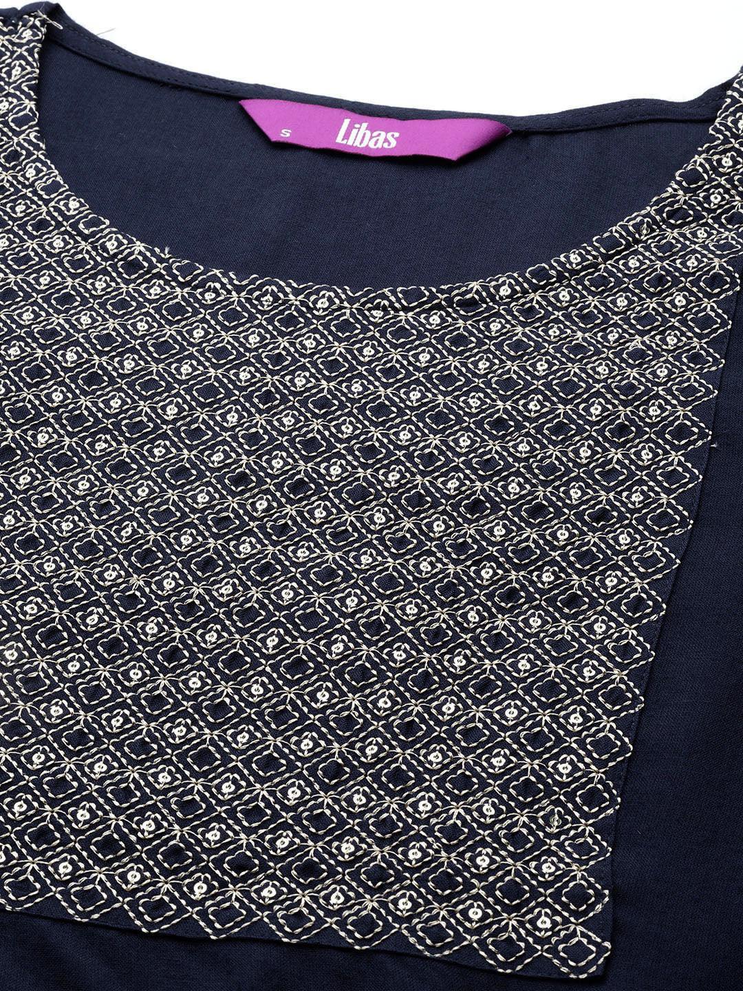 Navy Blue Yoke Design Rayon Straight Kurta - Libas