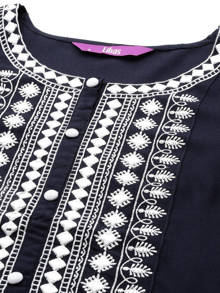 Navy Blue Yoke Design Rayon Straight Kurta