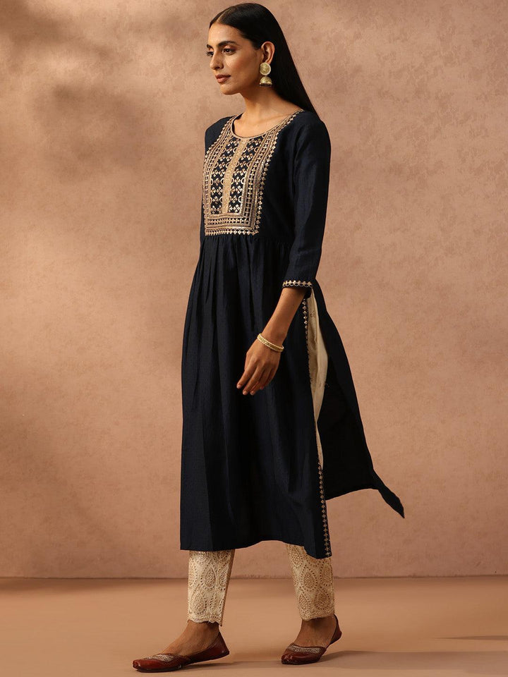 Navy Blue Yoke Design Silk A-Line Kurta