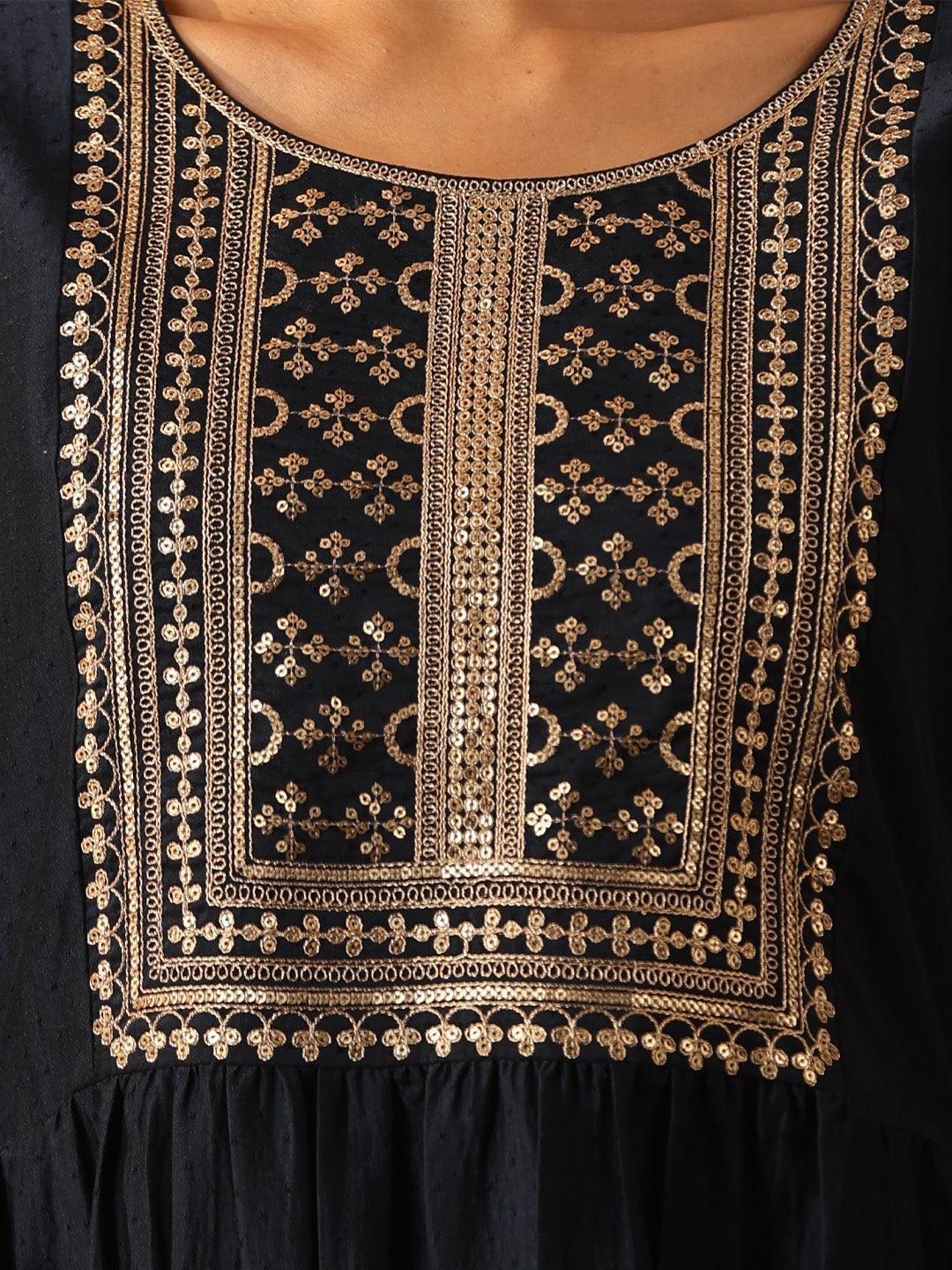 Navy Blue Yoke Design Silk A-Line Kurta - ShopLibas