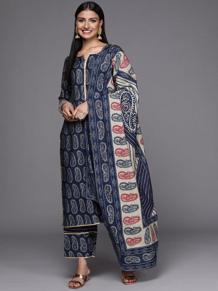 Navy Blue Yoke Design Silk Blend Straight Suit Set