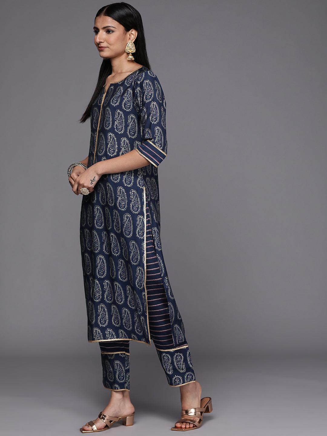 Navy Blue Yoke Design Silk Blend Straight Suit Set - ShopLibas
