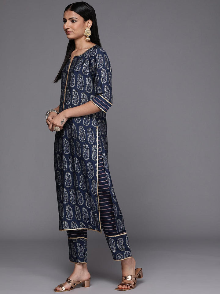 Navy Blue Yoke Design Silk Blend Straight Suit Set