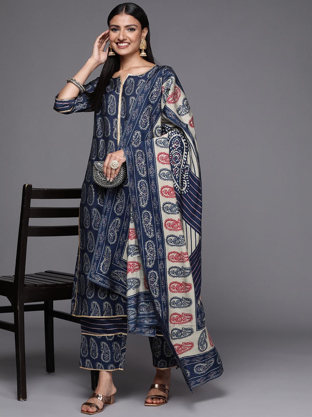 Navy Blue Yoke Design Silk Blend Straight Suit Set - ShopLibas