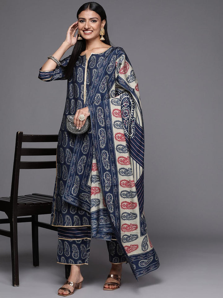 Navy Blue Yoke Design Silk Blend Straight Suit Set