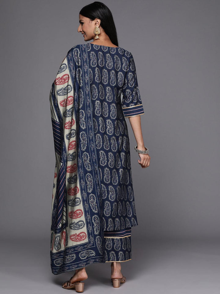 Navy Blue Yoke Design Silk Blend Straight Suit Set