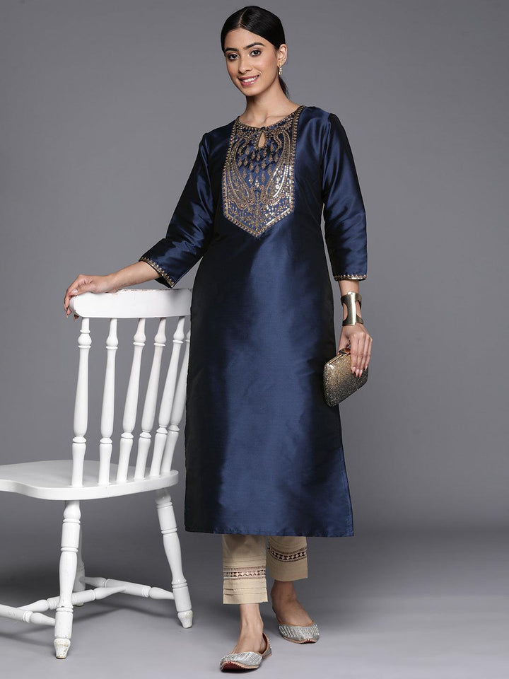 Navy Blue Yoke Design Silk Straight Kurta