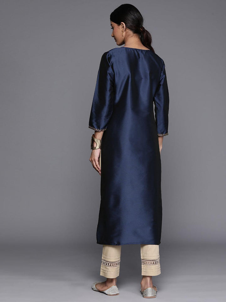 Navy Blue Yoke Design Silk Straight Kurta