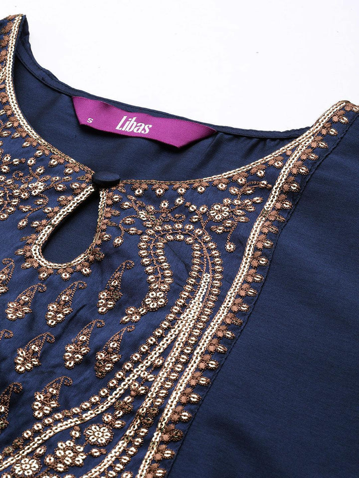 Navy Blue Yoke Design Silk Straight Kurta