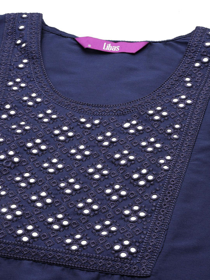 Navy Blue Yoke Design Silk Straight Kurta