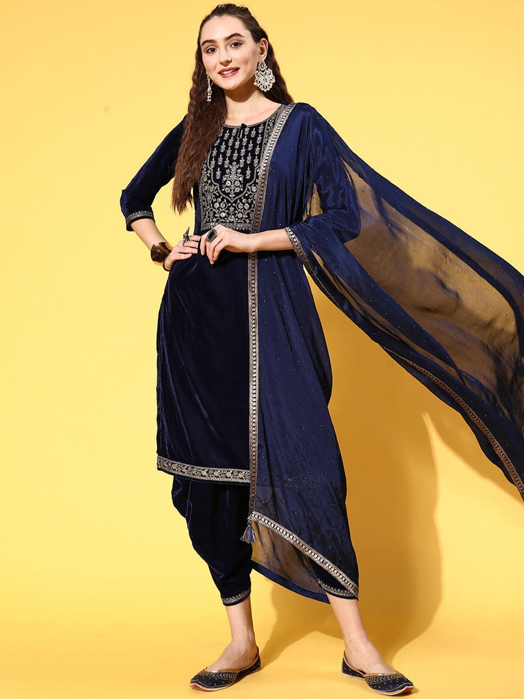 Navy Blue Yoke Design Velvet Straight Suit Set - ShopLibas