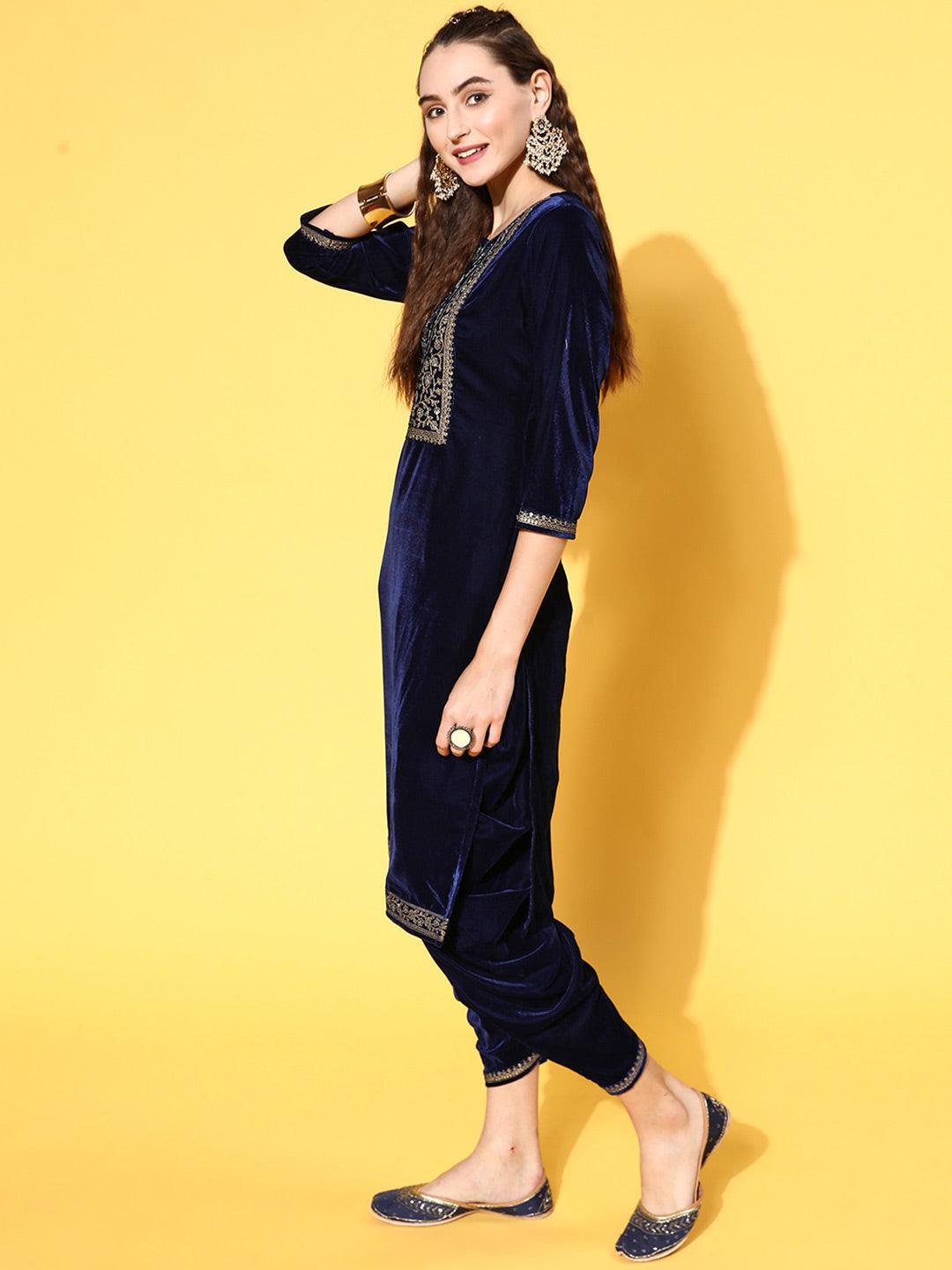 Navy Blue Yoke Design Velvet Straight Suit Set - ShopLibas