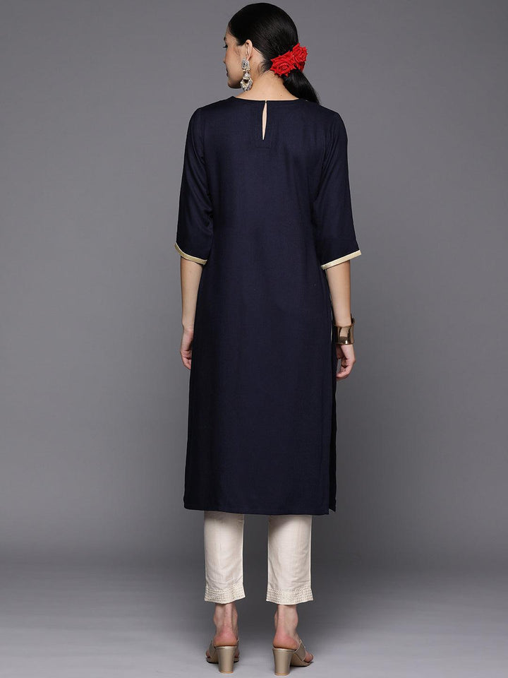 Navy Blue Yoke Design Wool Straight Kurta