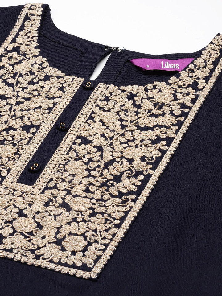 Navy Blue Yoke Design Wool Straight Kurta