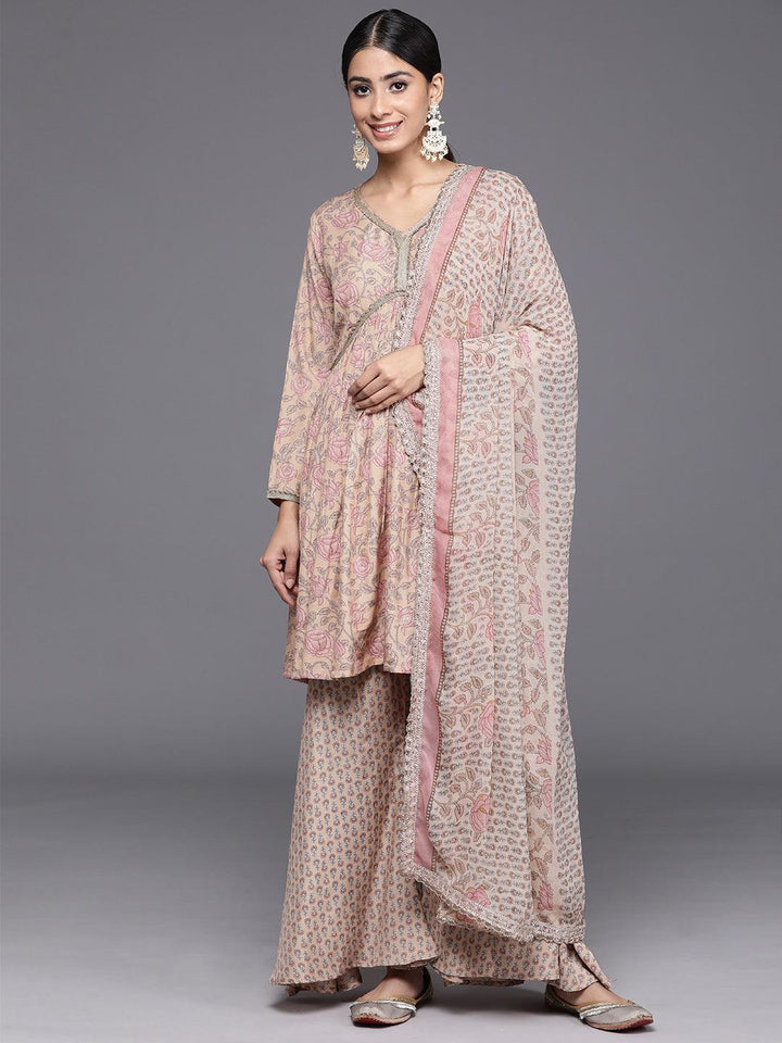 Nude Printed Silk Blend A-Line Kurta With Sharara & Dupatta