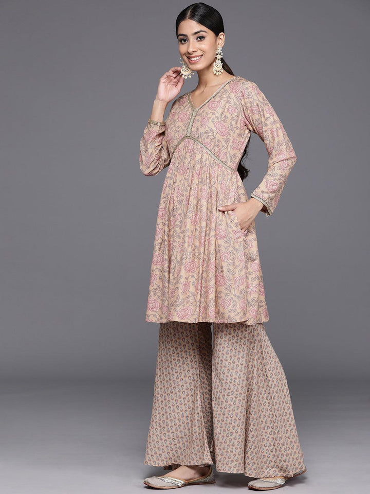 Nude Printed Silk Blend A-Line Kurta With Sharara & Dupatta