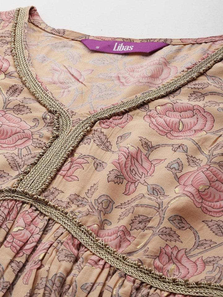 Nude Printed Silk Blend A-Line Kurta With Sharara & Dupatta