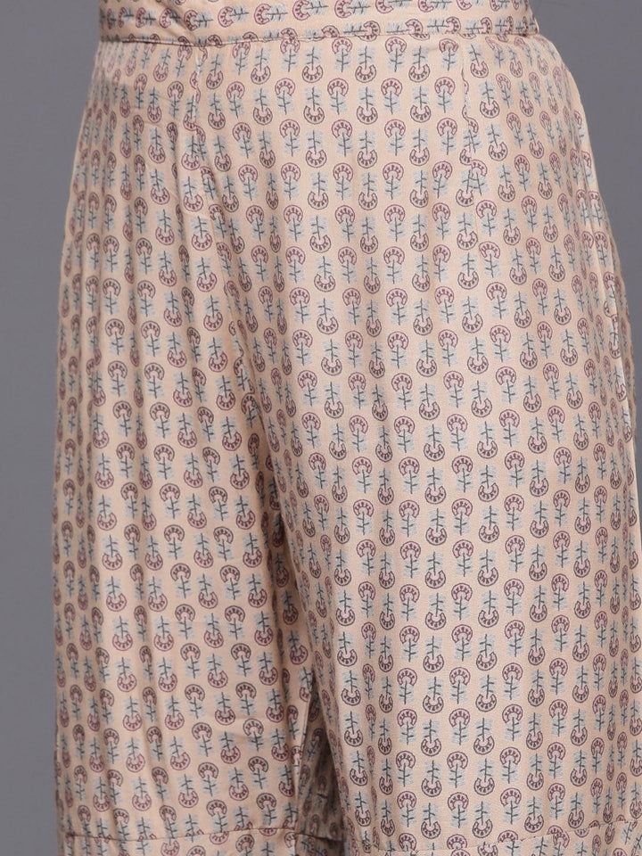 Nude Printed Silk Blend A-Line Kurta With Sharara & Dupatta