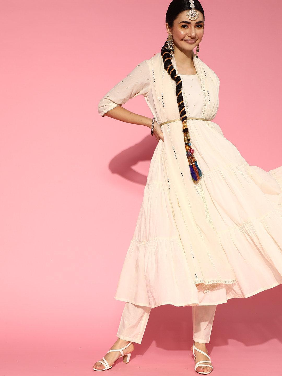 Off White Embroidered Cotton Suit Set - ShopLibas