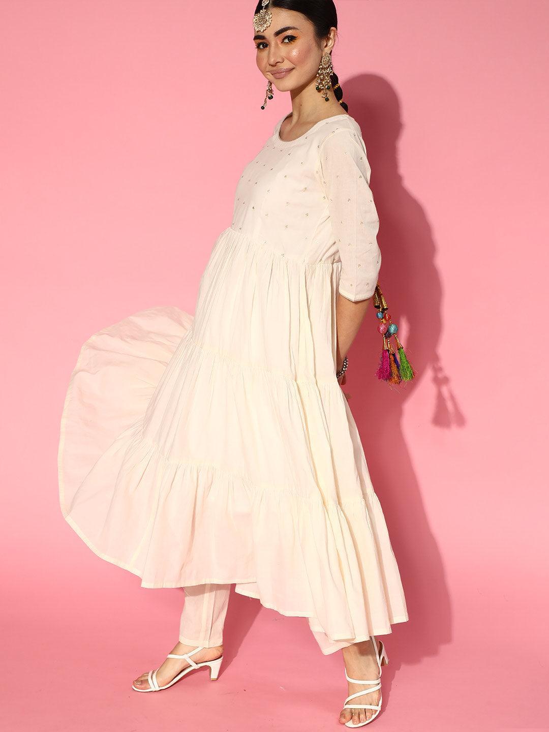 Off White Embroidered Cotton Suit Set - ShopLibas