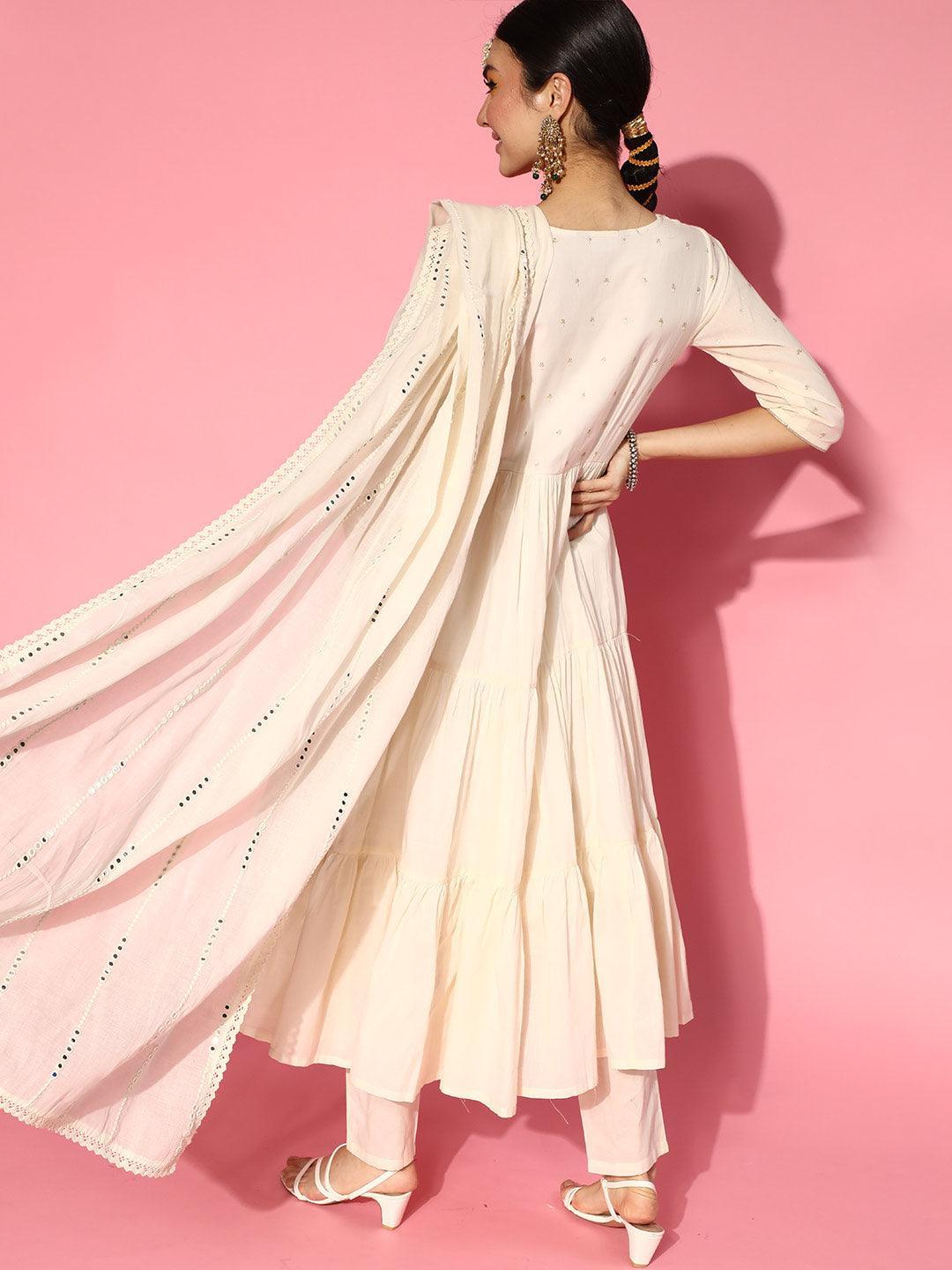 Off White Embroidered Cotton Suit Set - ShopLibas